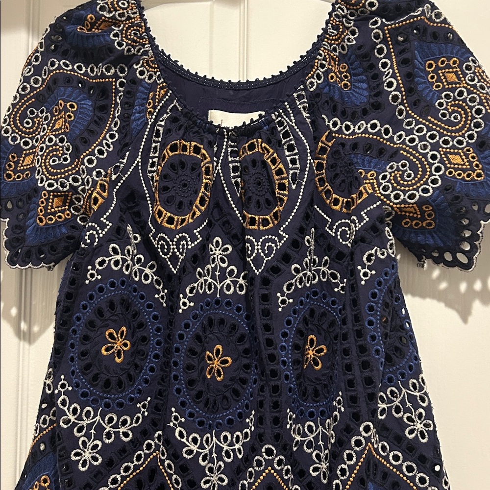 Anthropology- Elegant Navy Blue and Mustard Embroidered Dress